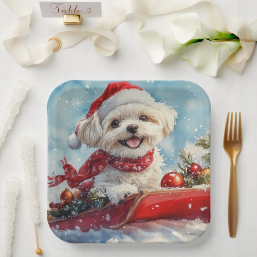 Malti Tzu Dog in Sledge Let it Schnee Weihnachten Pappteller (Hochzeit)
