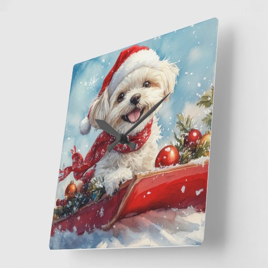 Malti Tzu Dog in Sledge Let it Schnee Weihnachten Quadratische Wanduhr (Winkel)