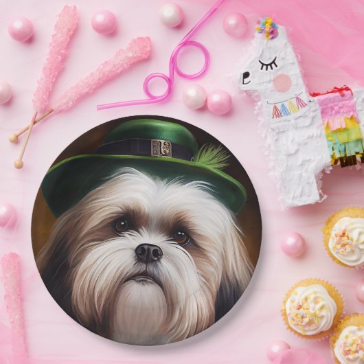 Malti Tzu Dog in St. Patrick's Day Dress Pappteller (Party)