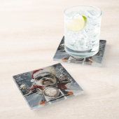 Malti Tzu Dog Riding Motorrad Weihnachten Glasuntersetzer (Schrägansicht)