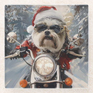 Malti Tzu Dog Riding Motorrad Weihnachten Glasuntersetzer