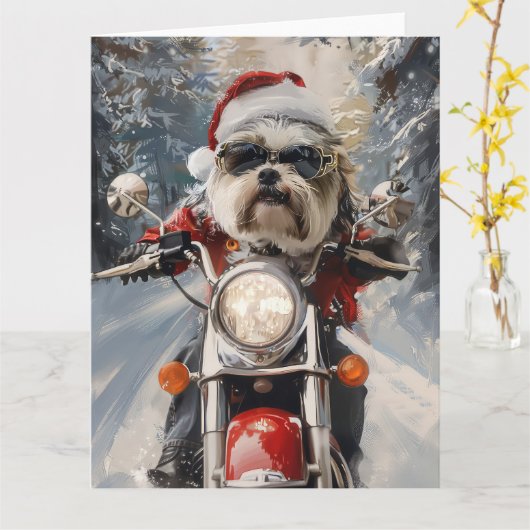 Malti Tzu Dog Riding Motorrad Weihnachten Karte (Gelbe Blume)