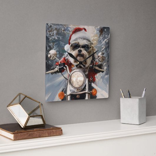 Malti Tzu Dog Riding Motorrad Weihnachten Quadratische Wanduhr (Büro)