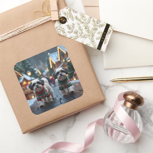 Malti Tzu Dogs Christmas Snow Holiday Quadratischer Aufkleber (Schenken)