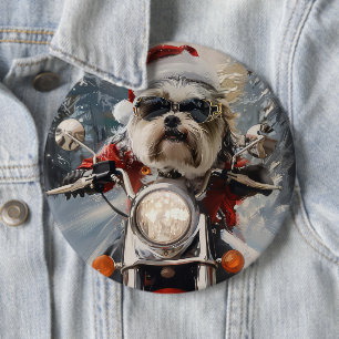 Malti Tzu Hund fährt Motorrad Weihnachten Button