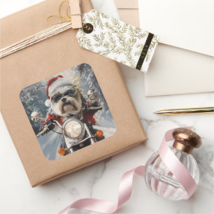 Malti Tzu Hund fährt Motorrad Weihnachten Quadratischer Aufkleber