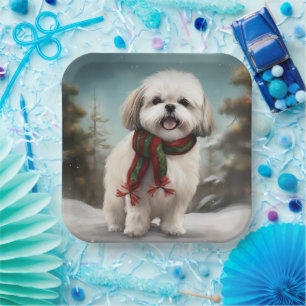 Malti Tzu Hund im Schnee Weihnachten Pappteller