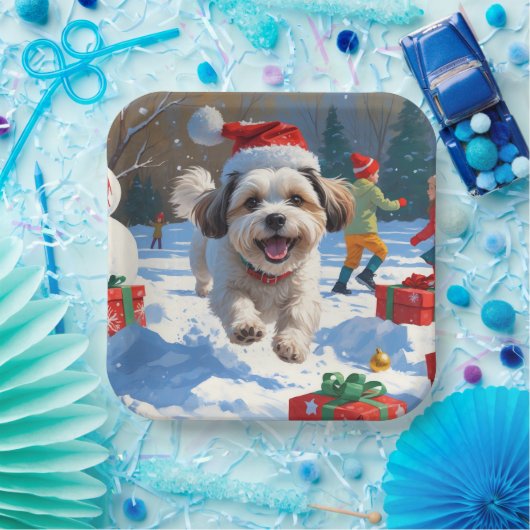 Malti Tzu läuft im Schnee mit Weihnachtshut Pappteller (Party)