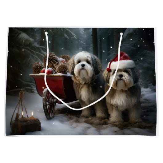 Malti tzu Snowy Sleigh Weihnachtsdekor Große Geschenktüte (Vorderseite)