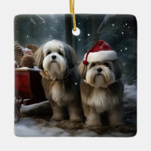 Malti tzu Snowy Sleigh Weihnachtsdekor Keramikornament (Vorderseite)