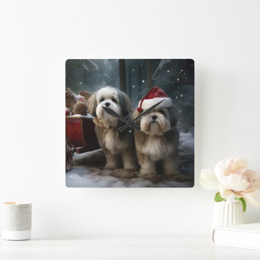 Malti tzu Snowy Sleigh Weihnachtsdekor Quadratische Wanduhr (Zuhause)