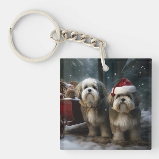 Malti tzu Snowy Sleigh Weihnachtsdekor Schlüsselanhänger (Vorderseite)