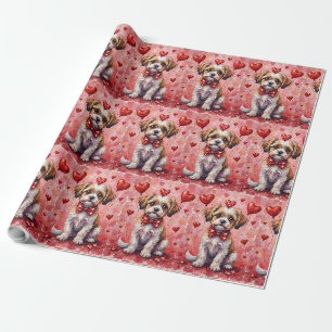 Malti Tzu Valentine Hund sitzt mit Herzen Rot Geschenkpapier