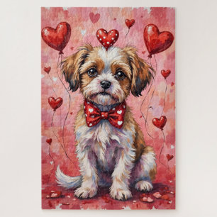 Malti Tzu Valentine Hund sitzt mit Herzen Rot Puzzle