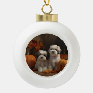 Malti Tzu Welpe Herbstvergnügen Kürbis Keramik Kugel-Ornament