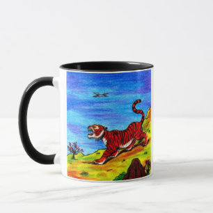 Maltiger Tiger und fliegende Vogelkunst-Fantasie Tasse