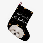 Maltipoo Herzlich willkommen auf der Bark Side Fun Großer Weihnachtsstrumpf (Vorderansicht (hängend))
