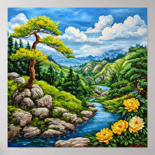 Malungsame Bergflusslandschaft der Natur Poster