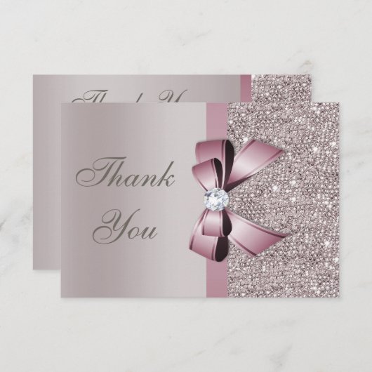 Malvenfarbener grauer Paillette-Diamant-Bogen Dankeskarte (Vorne/Hinten)