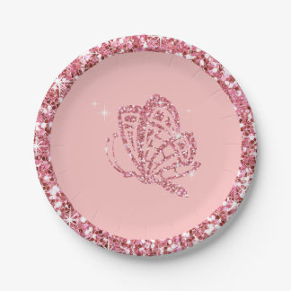 Malvenfarbenes Babyrosa GLITZER Schmetterlinges | Pappteller