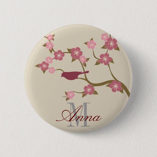 Malvenfarbenes Blumen-Vogel-Name-Knopf-Grau Button (Vorderseite)