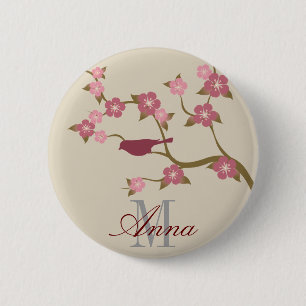 Malvenfarbenes Blumen-Vogel-Name-Knopf-Grau Button