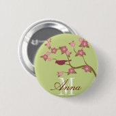 Malvenfarbenes Blumen-Vogel-Name-Knopf-Grün Button (Vorne & Hinten)
