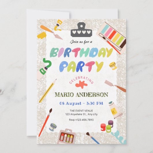 Malwerkzeuge für farbenfrohe Kunst Geburtstag Einladung (Vorderseite)
