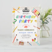 Malwerkzeuge für farbenfrohe Kunst Geburtstag Einladung (Stehend Vorderseite)