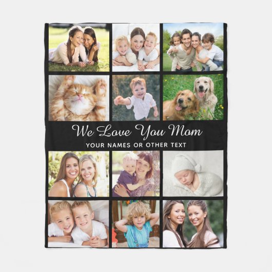 Mama 12 Fotocollage Schwarz Fleecedecke (Vorderseite)