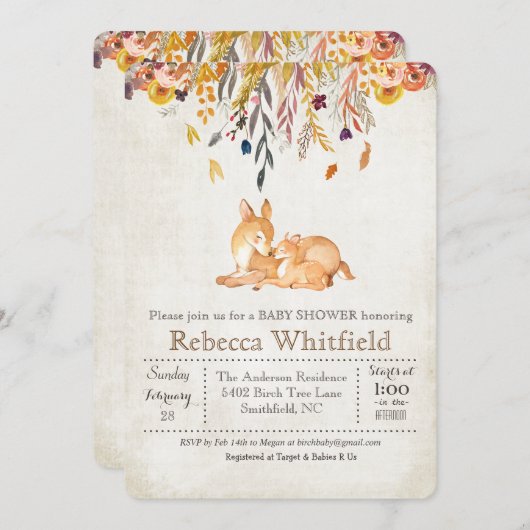 Mama and Deer Herbstlaubs Kinderdusche Einladung (Vorne/Hinten)