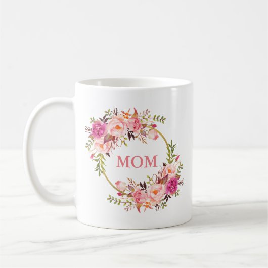 Mama Aquarellfarben Blütenrosa Goldrunde Kaffeetasse (Links)