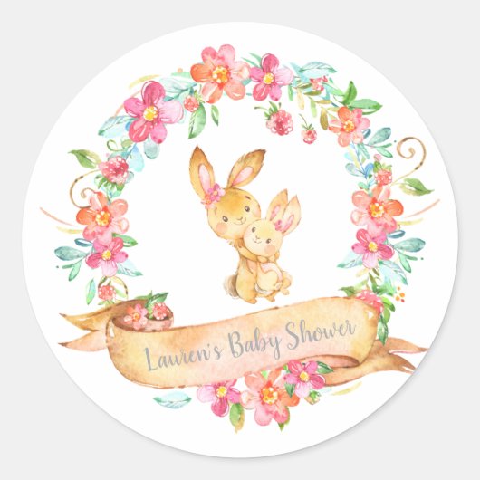 Mama Baby Bunny Floral Wreath Frühlingsdusche Even Runder Aufkleber (Vorderseite)