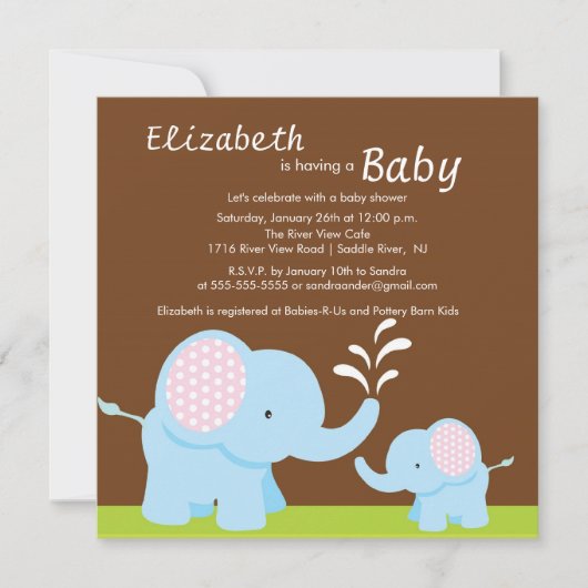 Mama & Baby Elephant Baby Showboy oder Girl Einladung (Vorderseite)