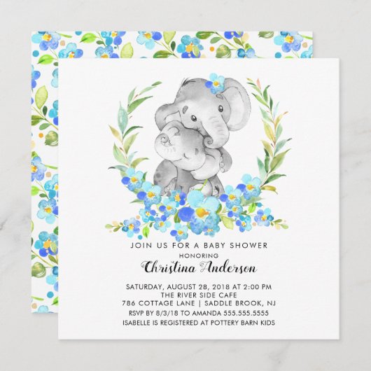 Mama & Baby Elephant Babydusche Einladung (Vorne/Hinten)