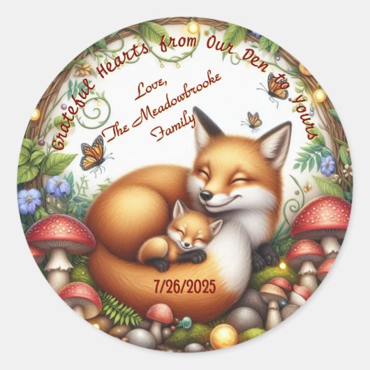 Mama & Baby Fox Babydusche Danke Stickers (Vorderseite)