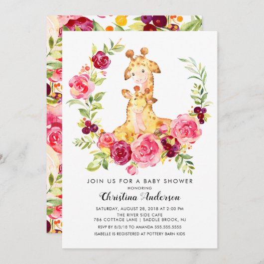 Mama & Baby Giraffe Babydusche Einladung (Vorne/Hinten)