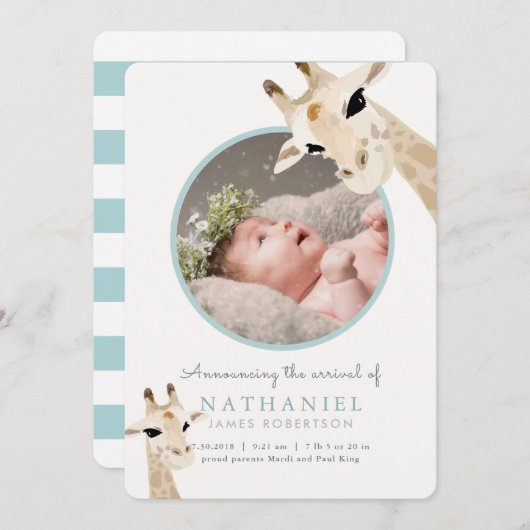 Mama & Baby Giraffe Blue Foto Geburtserklärung Einladung (Vorne/Hinten)