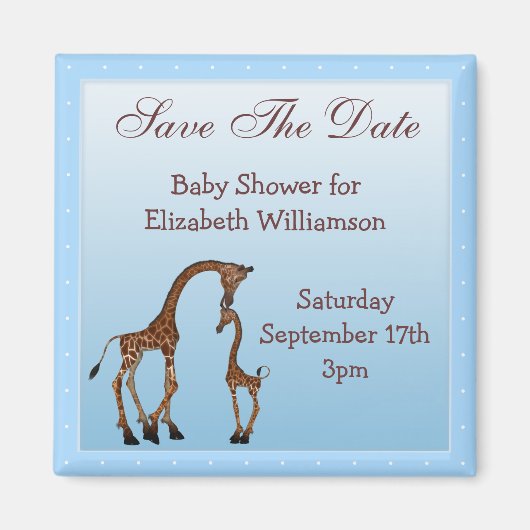 Mama & Baby Giraffe Blue Save the Date Baby Dusche Magnet (Vorne)