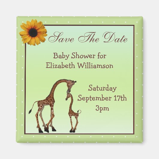 Mama & Baby Giraffe Green Save the Date Baby Dusch Magnet (Vorne)