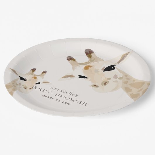 Mama & Baby Giraffe Watercolor Babydusche Pappteller (Schrägansicht)