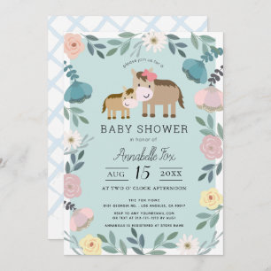 Mama & Baby Horse Blue Floral Garden Babydusche Einladung