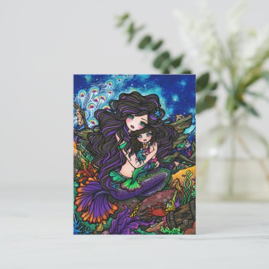 Mama & Baby Mermaid Fantasy Marine Art Postkarte (Stehend Vorderseite)
