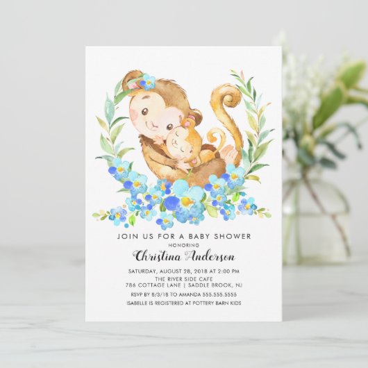 Mama & Baby Monkey Babydusche Einladung (Stehend Vorderseite)