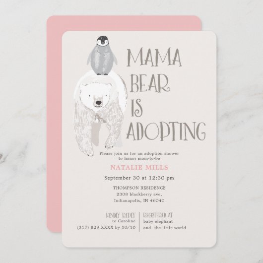 Mama Bear Adoption Pink Girl Babydusche Einladung (Vorne/Hinten)