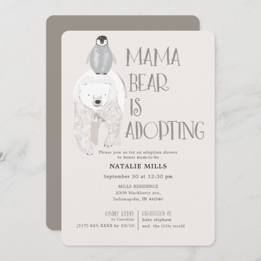Mama Bear Adoption Taupe Neutral Baby Dusche Einladung (Vorne/Hinten)