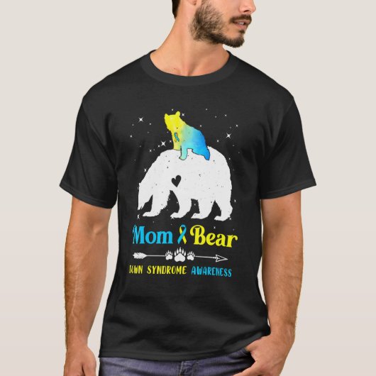 Mama Bear Down Syndrome Awareness Blue Yellow Ribb T-Shirt (Vorderseite)