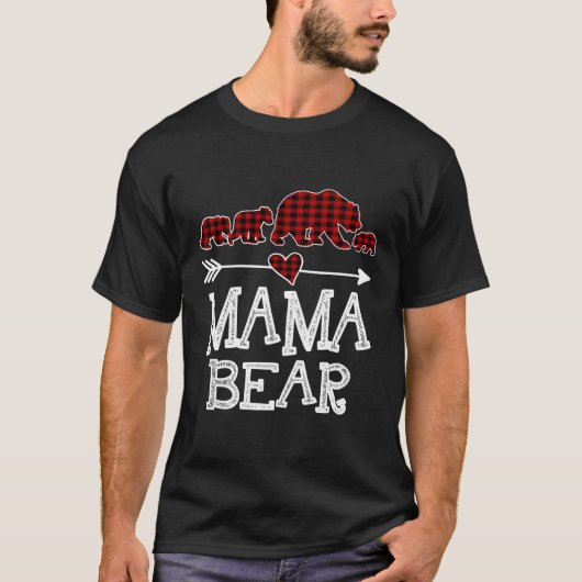 Mama Bear Three Cubs Red Kariert Mama Pajama T-Shirt (Vorderseite)