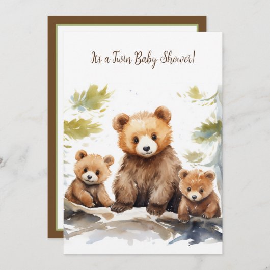 Mama Bear und Cubs Twin Baby Dusche Einladung (Vorne/Hinten)