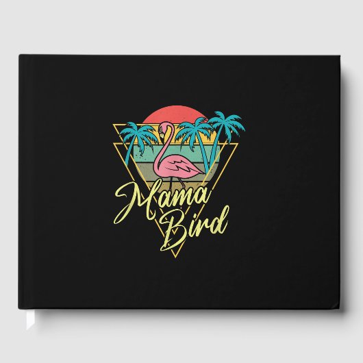 Mama Bird Flamingo Sunset Palm Tree Beach 80er Gästebuch (Vorderseite)